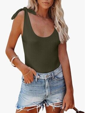 Clarisbelle Olive Green Tie Shoulder Bodysuit Scoop Neck Tank Top Casual Size M